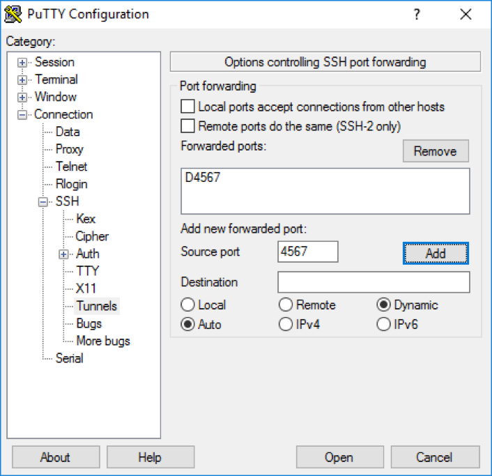 تنظیم ssh tunnel روی Putty برای اتصال به اینترنت